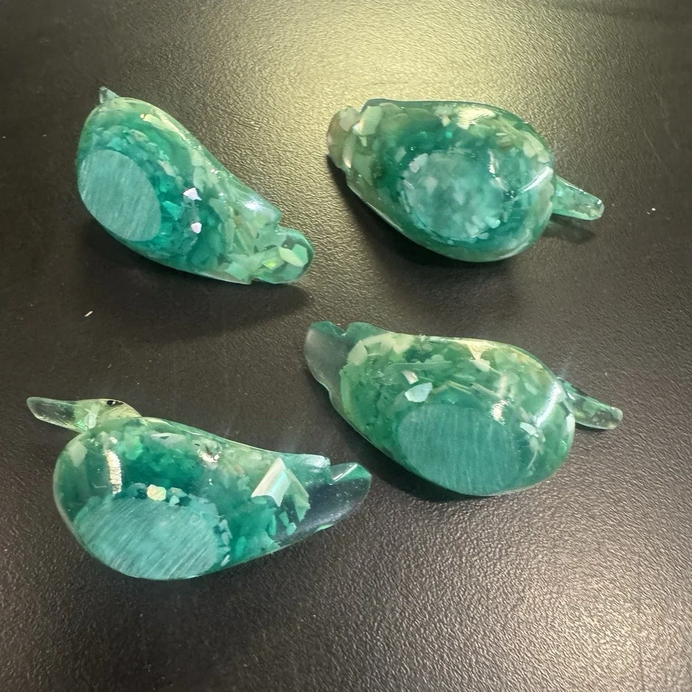 Handmade Resin Duck Figurines Green Mother‎ Of Pearl Confetti Set of 4 Miniature